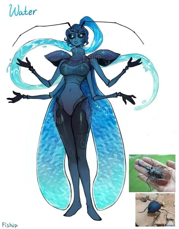A stylized anime-style female character with blue hair and water-themed wings, labeled 'Water' at the top left. In the…