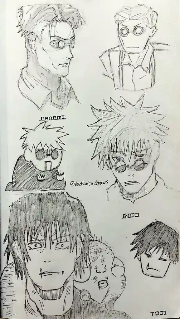 A pencil sketch compilation of anime characters from Jujutsu Kaisen, featuring multiple bust portraits including Gojo…