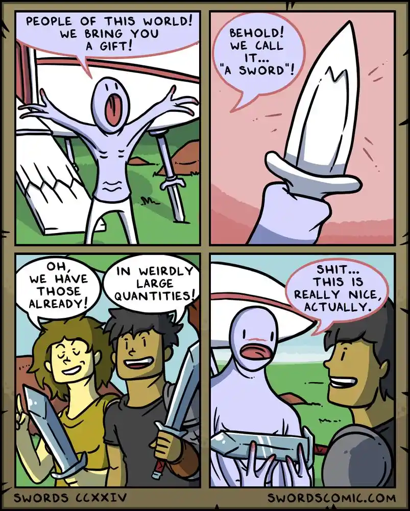 A four-panel comic strip shows a ghostly figure presenting a sword to two humans who already have many swords, then the…