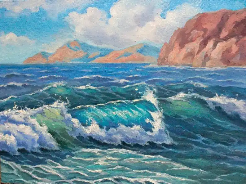 A painting of a turbulent ocean with crashing waves and distant cliffs under a partly cloudy sky. The overlaid text reads…