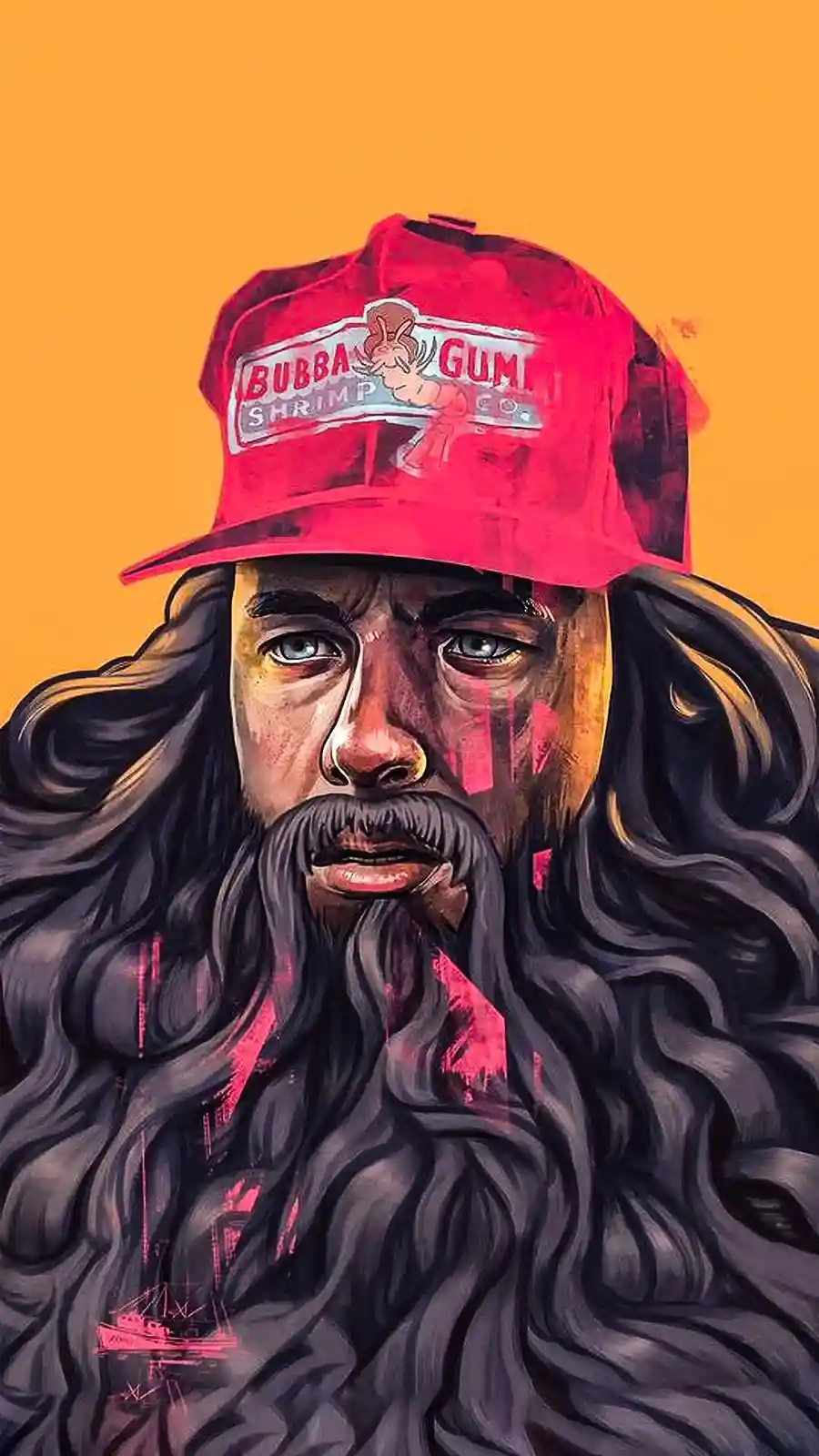 A stylized illustration of a man with long dark hair and a beard, wearing a red baseball cap with the logo 'BUBBA GUM SHRIMP…