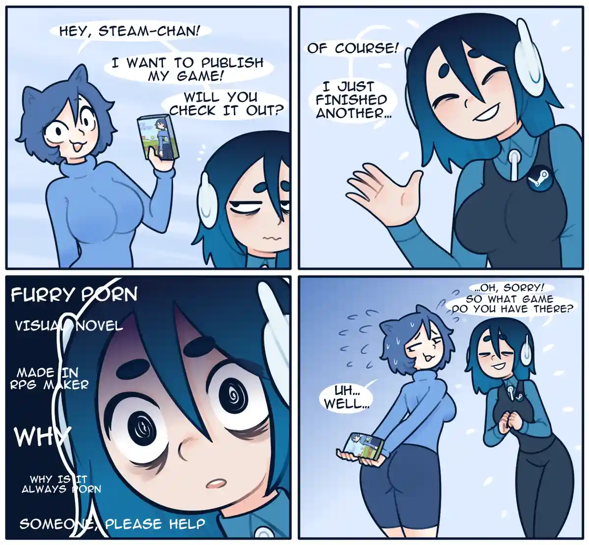 A four-panel comic shows a person asking Steam-chan to check out their game. Steam-chan enthusiastically agrees, then reacts…
