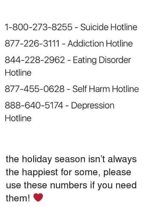 A white background lists several crisis hotlines with their phone numbers and names, including Suicide, Addiction, Eating…