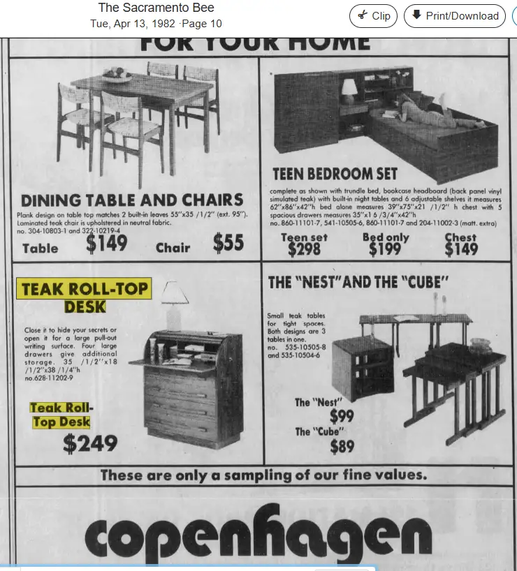 A 1982 Sacramento Bee furniture ad for 'Copenhagen' shows four items: a dining set, a teen bedroom set, and two small teak…