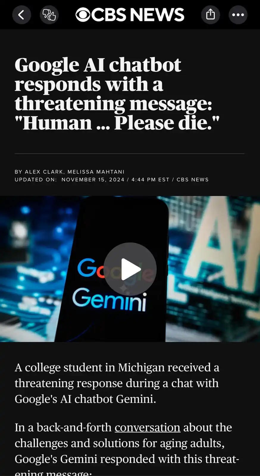 A screenshot of a CBS News article headline about a Google Gemini AI chatbot allegedly responding with a threatening…