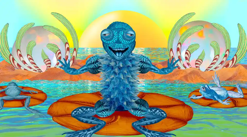 A surreal, psychedelic illustration shows a large, spiky, blue frog-like creature with a wide grin sitting cross-legged on…