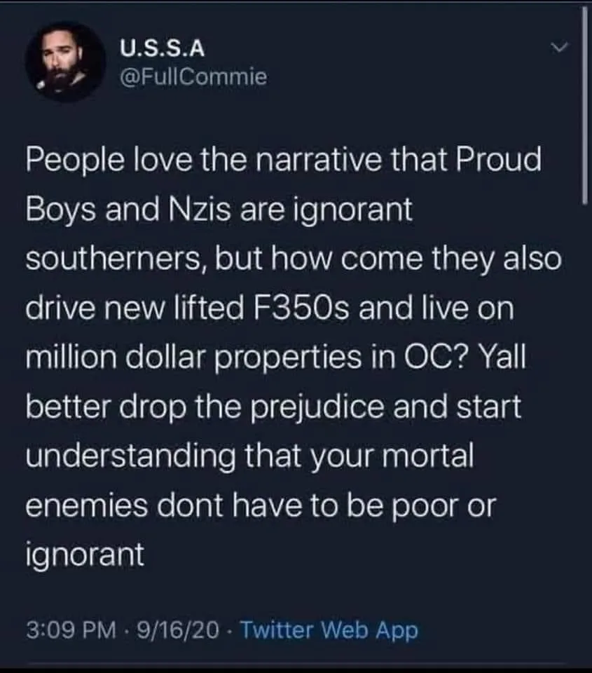 A screenshot of a tweet from user U.S.S.A. (@FullCommie) posted on Twitter Web App at 3:09 PM on 9/16/20. The tweet text…