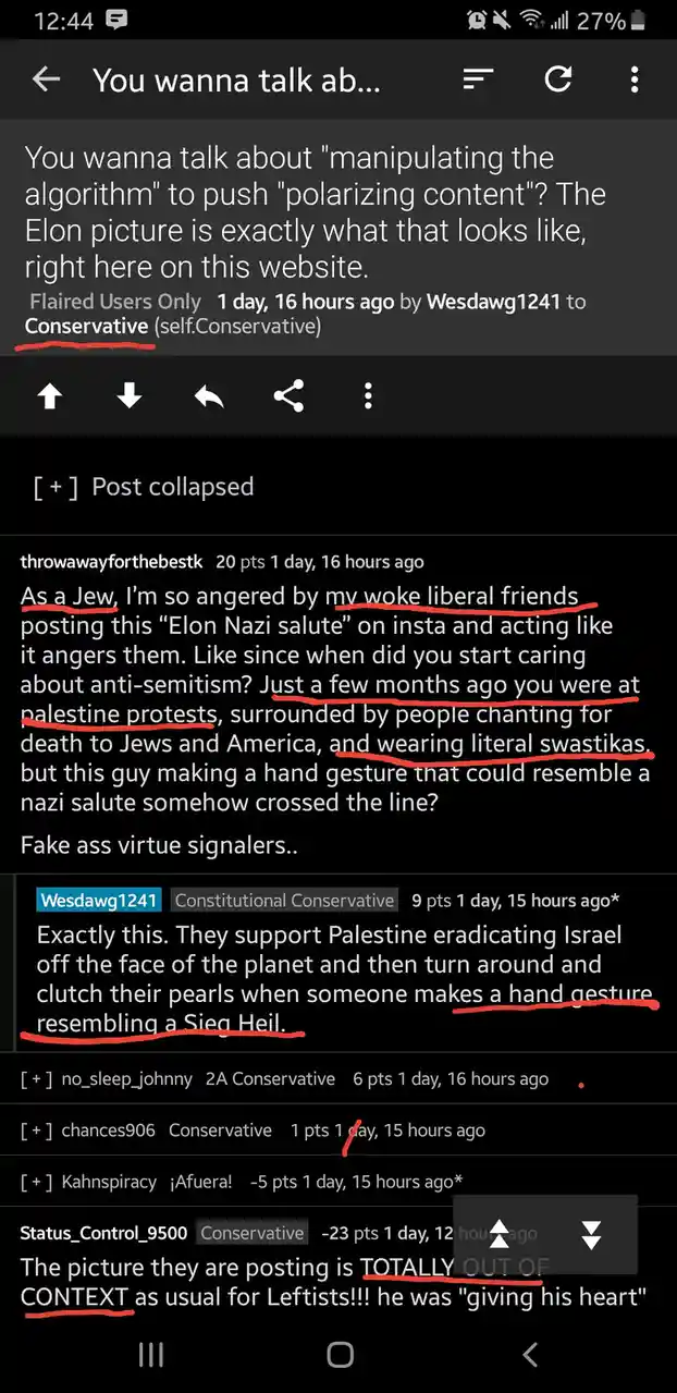A screenshot of a Reddit thread where users discuss a controversial image of Elon Musk. The top post, highlighted with red…