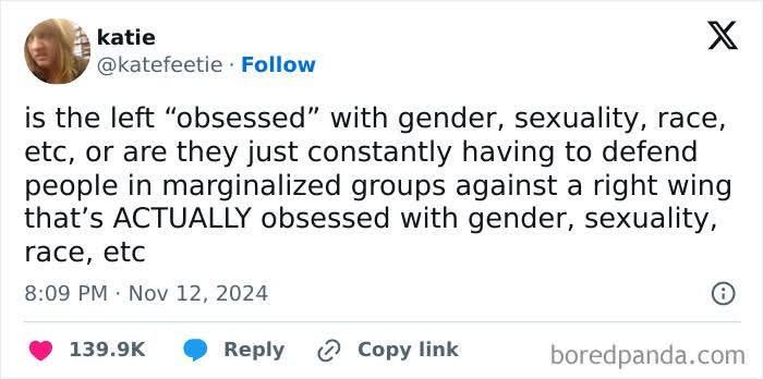 A screenshot of a Twitter/X post by user 'katie' (@katefeetie) from November 12, 2024, asking whether the left is obsessed…