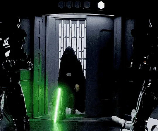 A four-panel Star Wars scene shows Darth Vader confronting a stormtrooper. The trooper is initially holding a green…