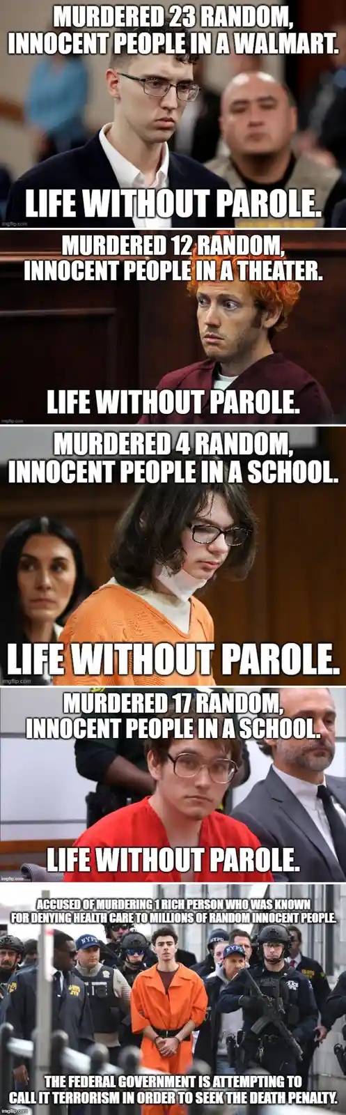 A vertical meme collage shows four different defendants in court or custody, each with text describing a mass shooting and…