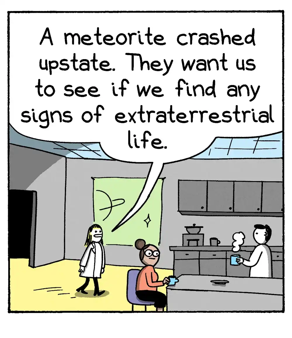 A cartoon depicts three people in a kitchen setting. One person in a lab coat walks in and announces via speech bubble that…