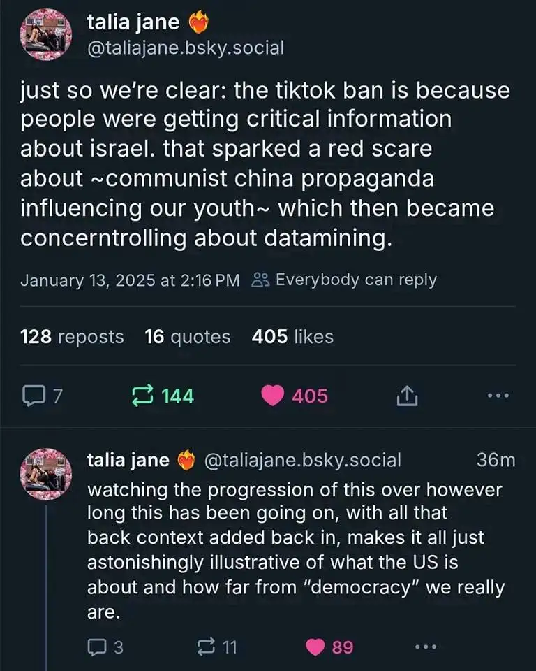 A screenshot of a social media post by 'talia jane' on a platform resembling Bluesky, showing a text post that explains the…
