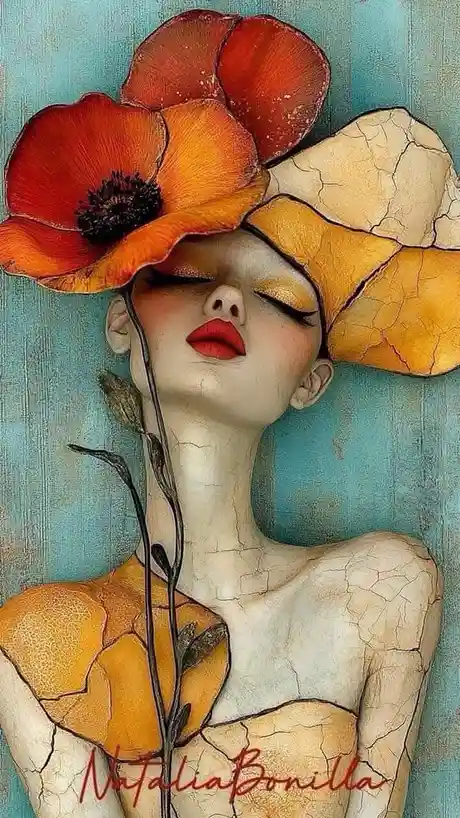 A stylized painting of a woman with closed eyes and red lips, her head and upper body covered in cracked, textured orange…