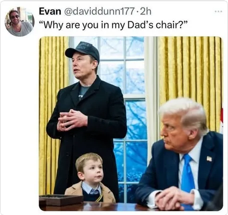 A photo shows Elon Musk standing in the Oval Office, looking upward with hands clasped, while a young boy sits at the desk…