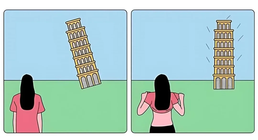Two-panel cartoon showing a woman in a pink shirt watching the Leaning Tower of Pisa. In the first panel, the tower is…