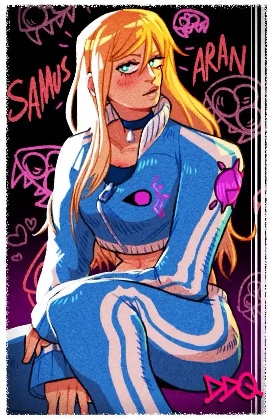 An anime-style illustration of a woman with long blonde hair and blue eyes, wearing a blue and white tracksuit with pink…