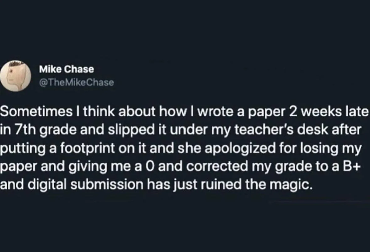 A screenshot of a tweet by Mike Chase (@TheMikeChase) with white text on a dark background. The tweet recounts a nostalgic…