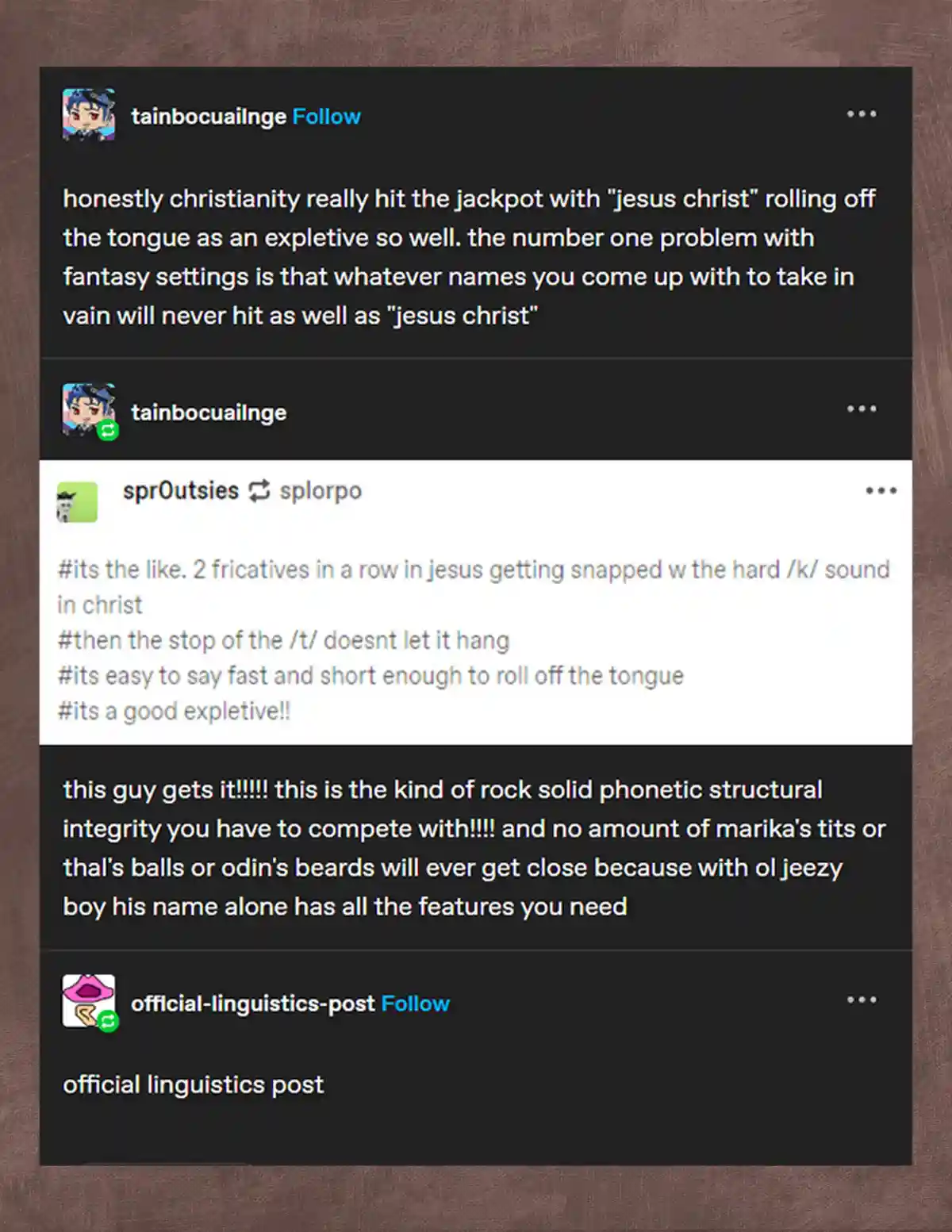 A screenshot of a social media thread where a user praises 'jesus christ' as the perfect expletive due to its phonetic…