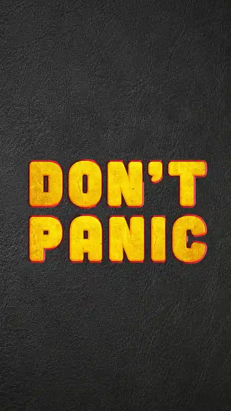 The image displays the phrase 'DON'T PANIC' in large, bold, yellow letters with a red outline, set against a textured black…