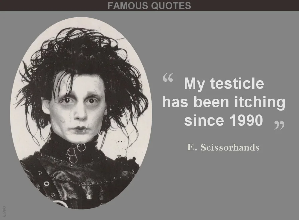 A black and white portrait of the character Edward Scissorhands, with wild hair and gothic attire, is framed in an oval. To…