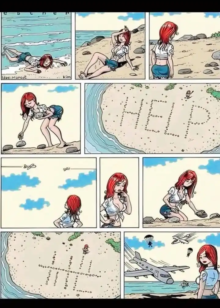 A comic strip shows a woman on a beach writing 'HELP' in the sand with stones, then later writing a large 'H' and 'E' in the…
