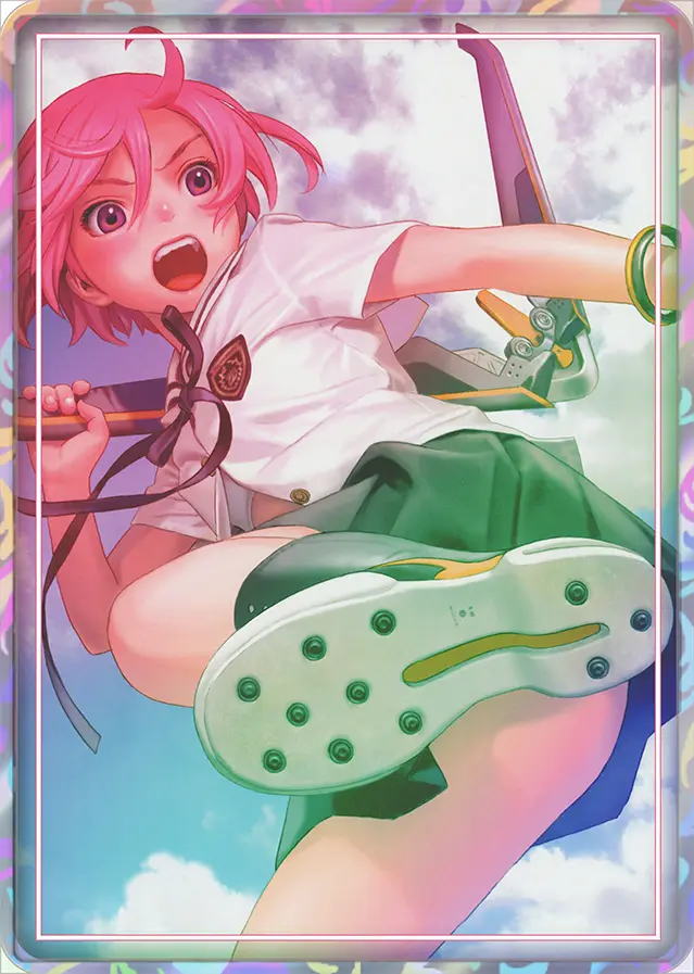 An anime-style illustration of a pink-haired girl in a school uniform, mid-air with a surprised expression, holding a…