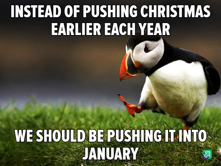 A photograph of a puffin standing on green grass, looking sideways with one foot lifted as if mid-step. White bold text is…