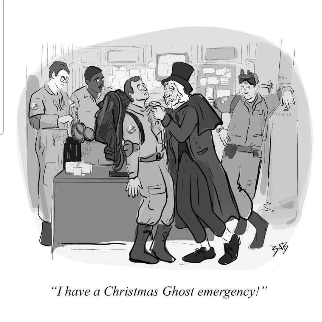 A black-and-white cartoon depicts four Ghostbusters in their uniforms inside what appears to be their headquarters. One of…