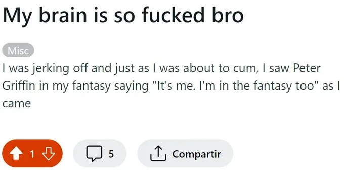 The image displays a screenshot of a Reddit-style post with the title 'My brain is so fucked bro' and a body text describing…