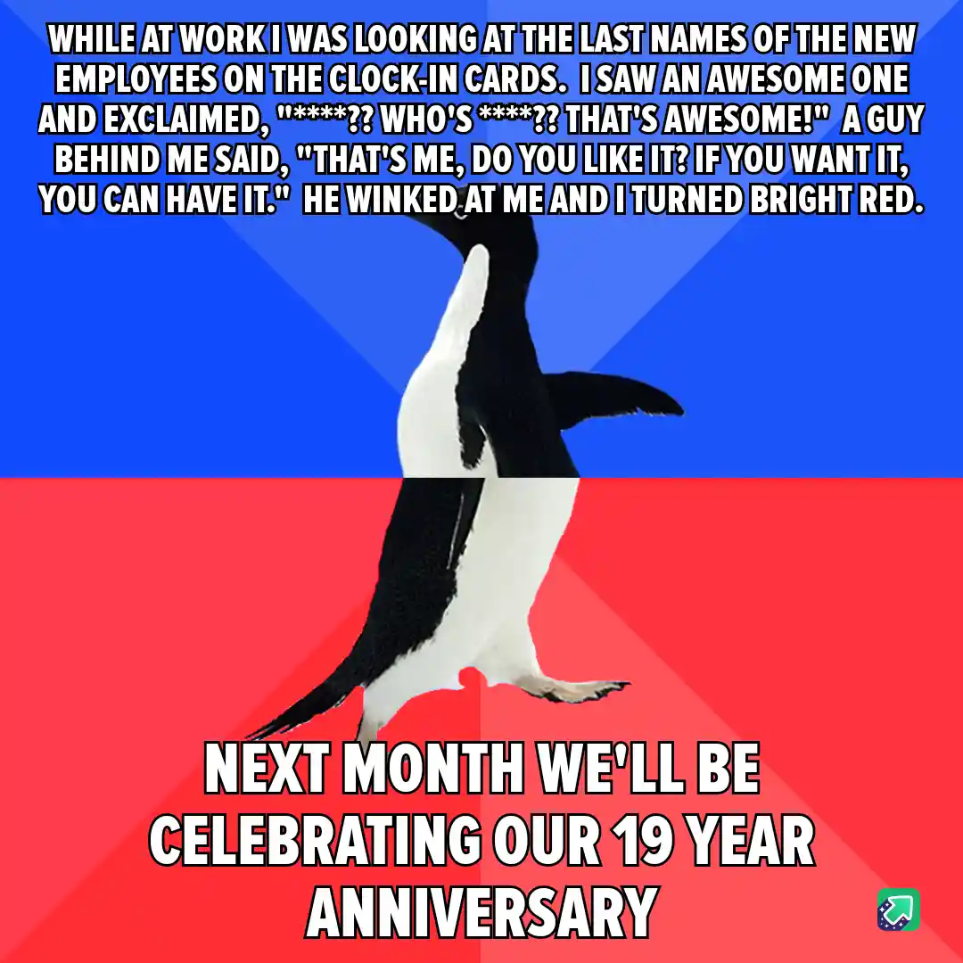 A penguin stands centered against a blue and red background, with white text overlaid in two sections. The top text…