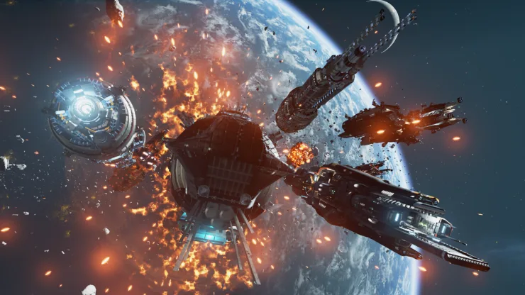 A dramatic space battle scene shows multiple futuristic spaceships exploding and colliding near a planet, with debris and…