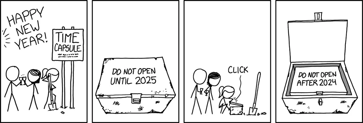A four-panel comic strip shows stick figures celebrating New Year's, burying a time capsule labeled 'DO NOT OPEN UNTIL…