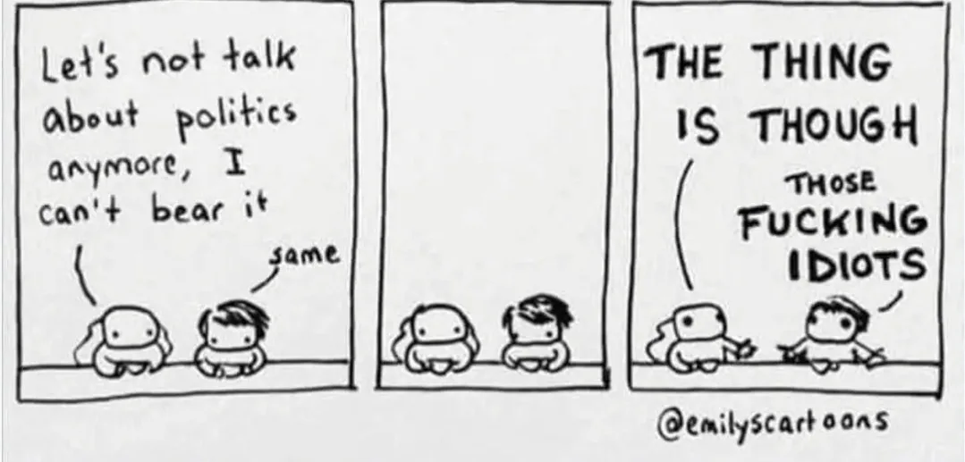 A three-panel comic strip shows two cartoon characters sitting side by side. In the first panel, one character says, 'Let's…