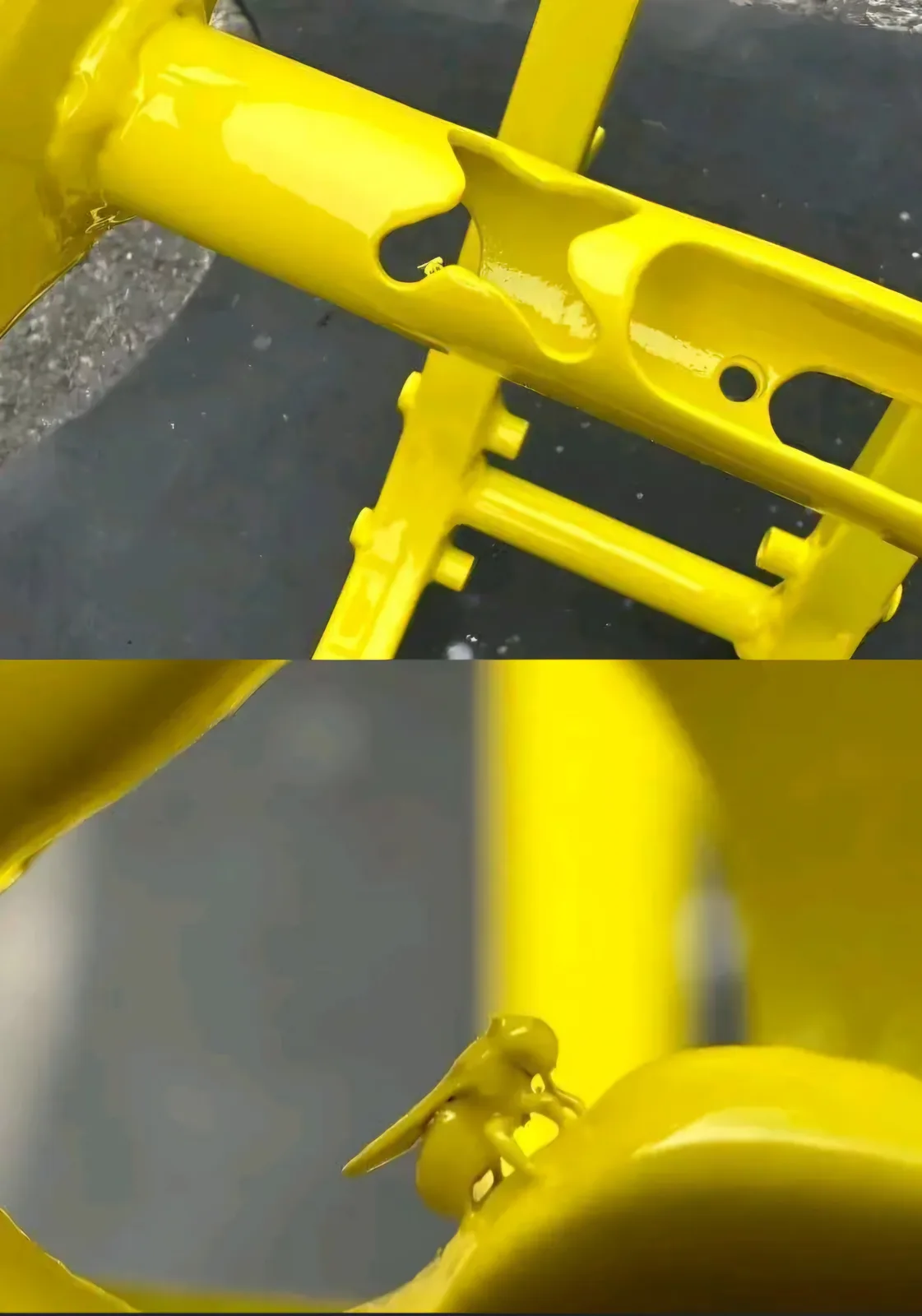 The image shows a close-up of a bright yellow painted metal bike frame, with the top panel showing the frame's joints and…