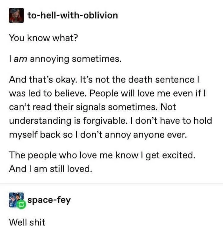 A screenshot of a Reddit comment thread where the first user, 'to-hell-with-oblivion', posts a long, self-reflective text…