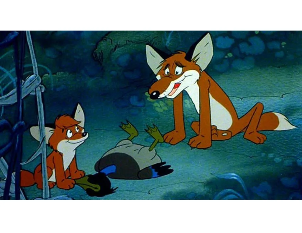 Two cartoon foxes are in a dark, watery environment. The larger fox on the right looks smug and proud while holding a dead…
