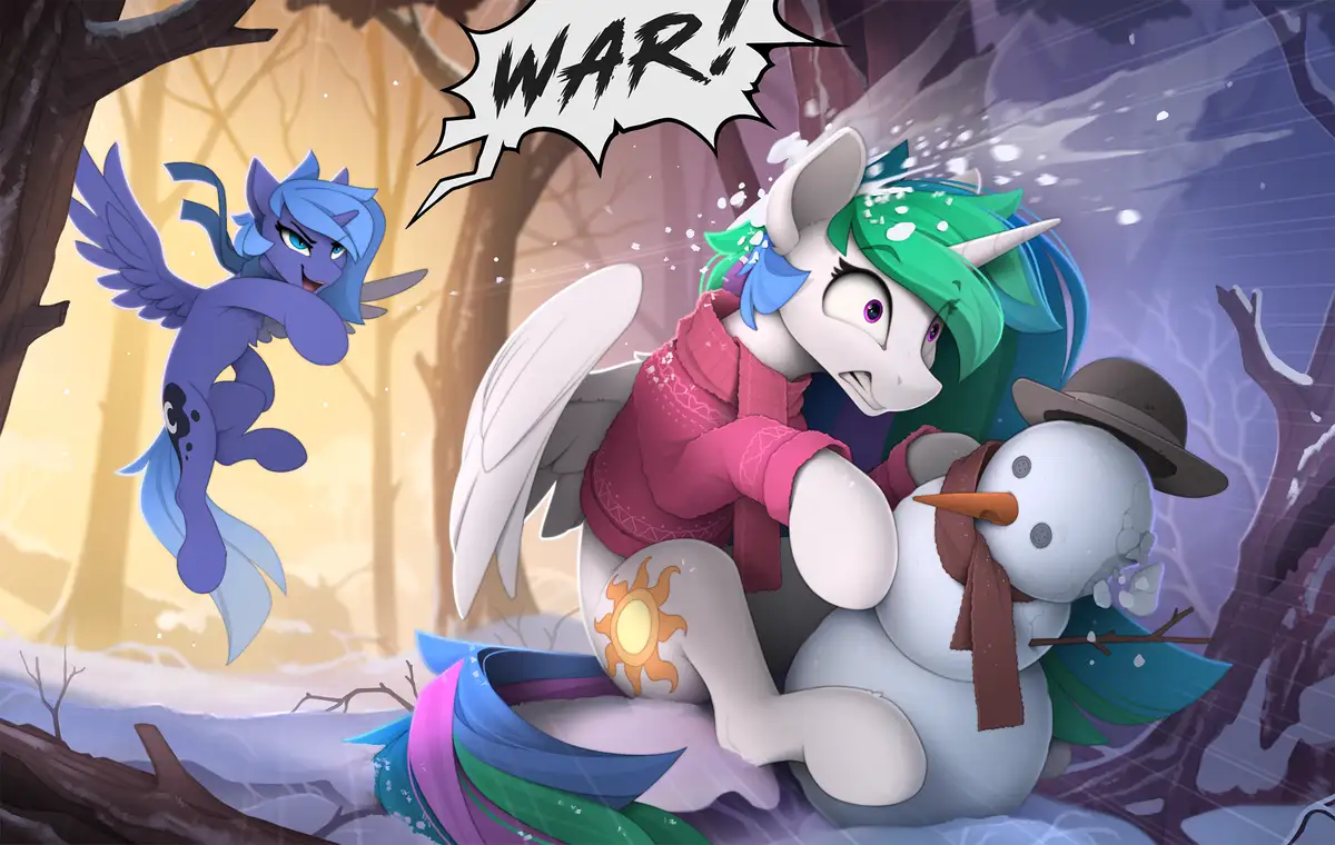 A blue pegasus with a mischievous grin shouts 'WAR!' from a snowy forest while a white unicorn with green hair, wearing a…
