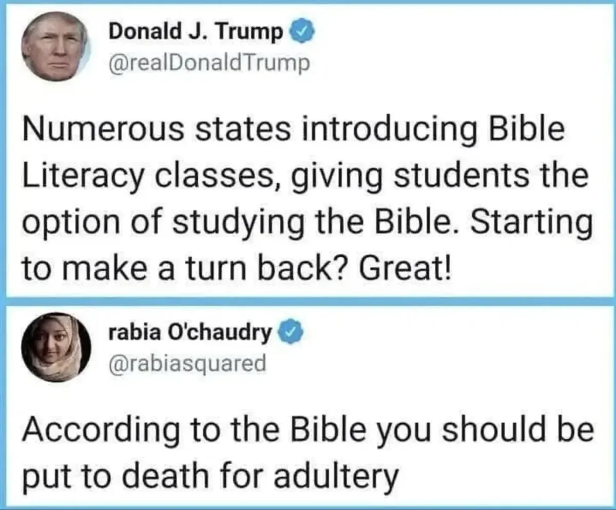 The image displays two Twitter posts. The top post is from Donald J. Trump, who says states introducing Bible literacy…