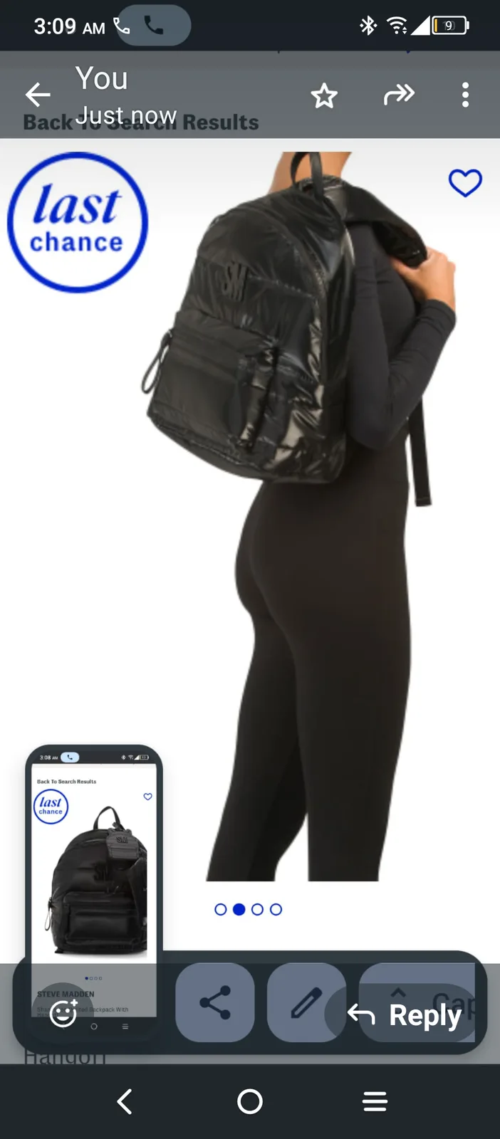A phone screenshot shows a product listing for a black Steve Madden backpack with a 'last chance' sale tag. The main image…