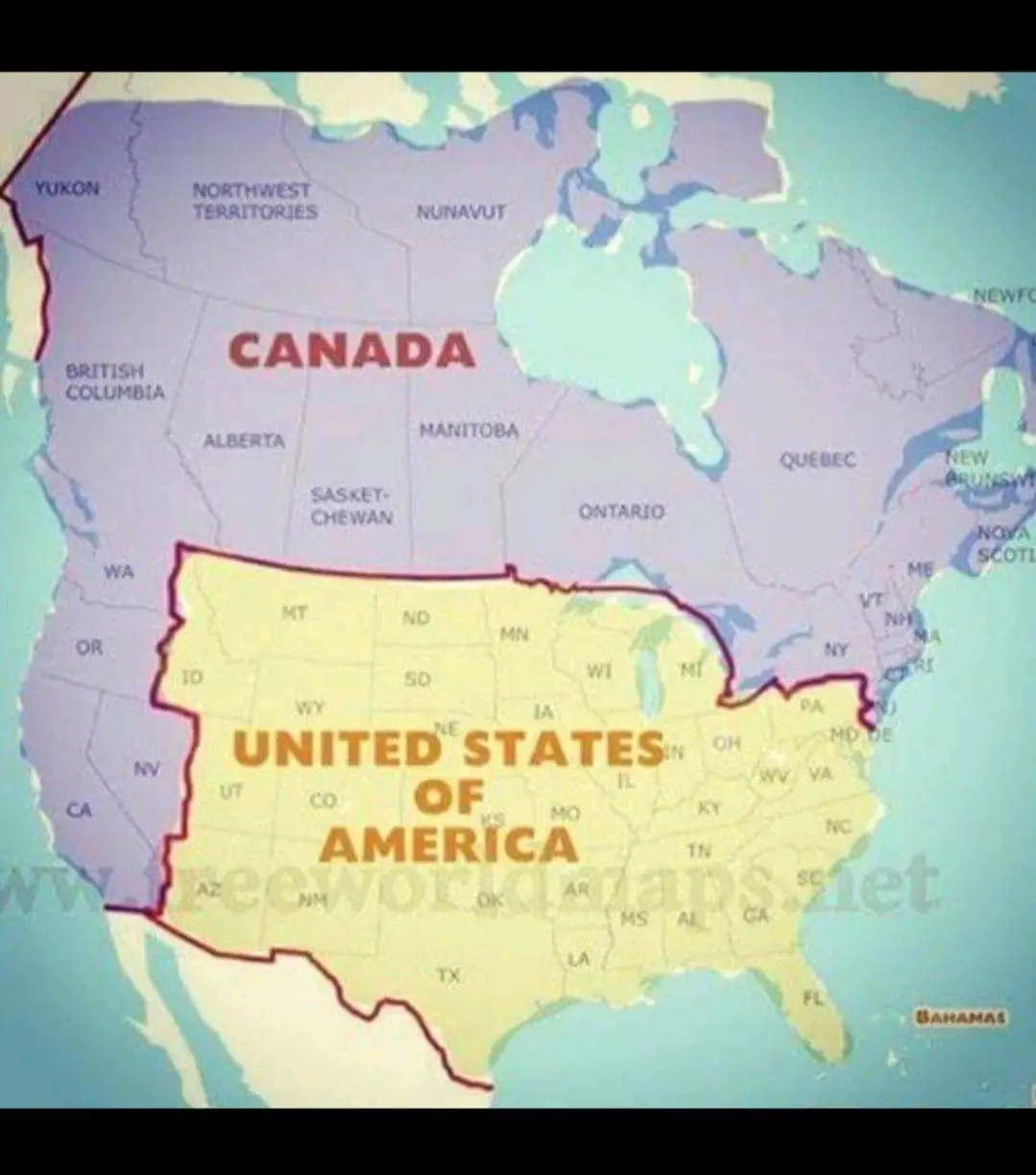 A map of North America shows Canada in purple and the United States in yellow, with the U.S. labeled in large orange text…