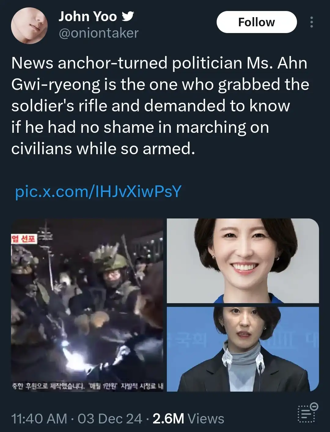 A screenshot of a Twitter post by John Yoo (@oniontaker) featuring a split image: the left panel shows a blurry, chaotic…