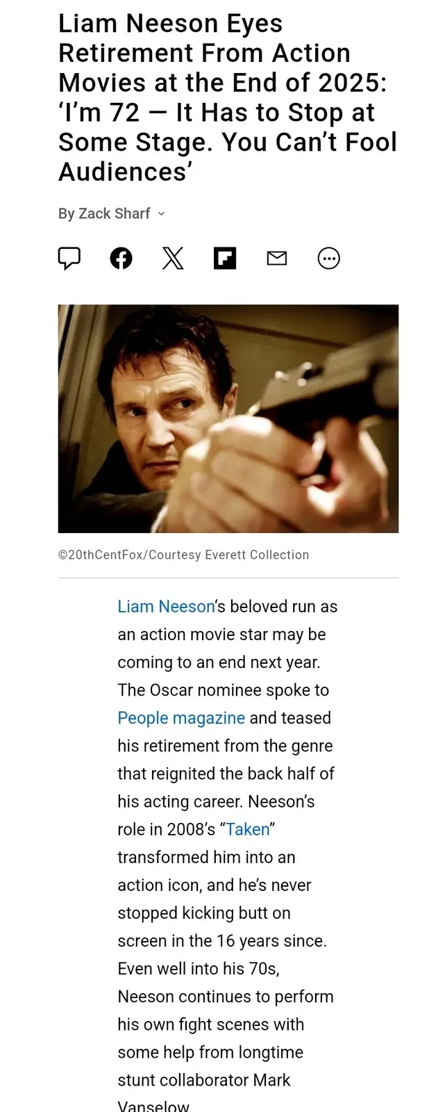A screenshot of a news article about Liam Neeson's rumored retirement from action movies, featuring a photo of him holding a…