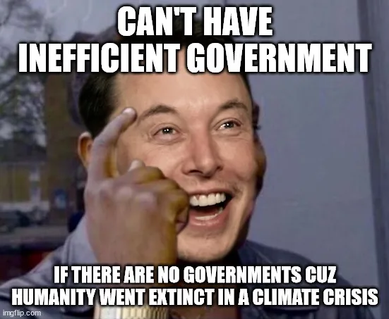A close-up image of Elon Musk smiling broadly while pointing his finger at his temple. The image has white bold text…