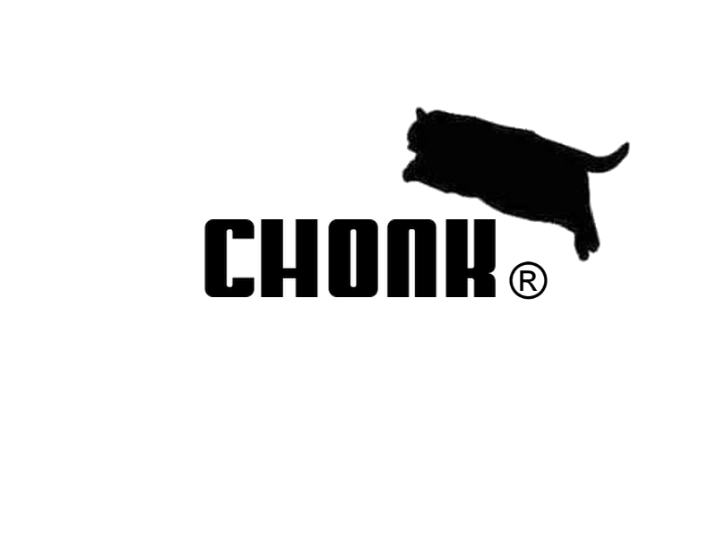 A black silhouette of a cat mid-leap appears above the bold, blocky text 'CHONK®' on a plain white background. The cat is…