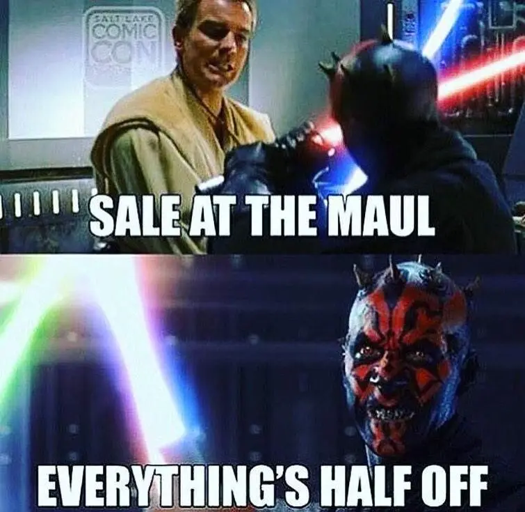 The meme features two panels from Star Wars. Top: Obi-Wan Kenobi smiles while holding a lightsaber against Darth Maul, with…