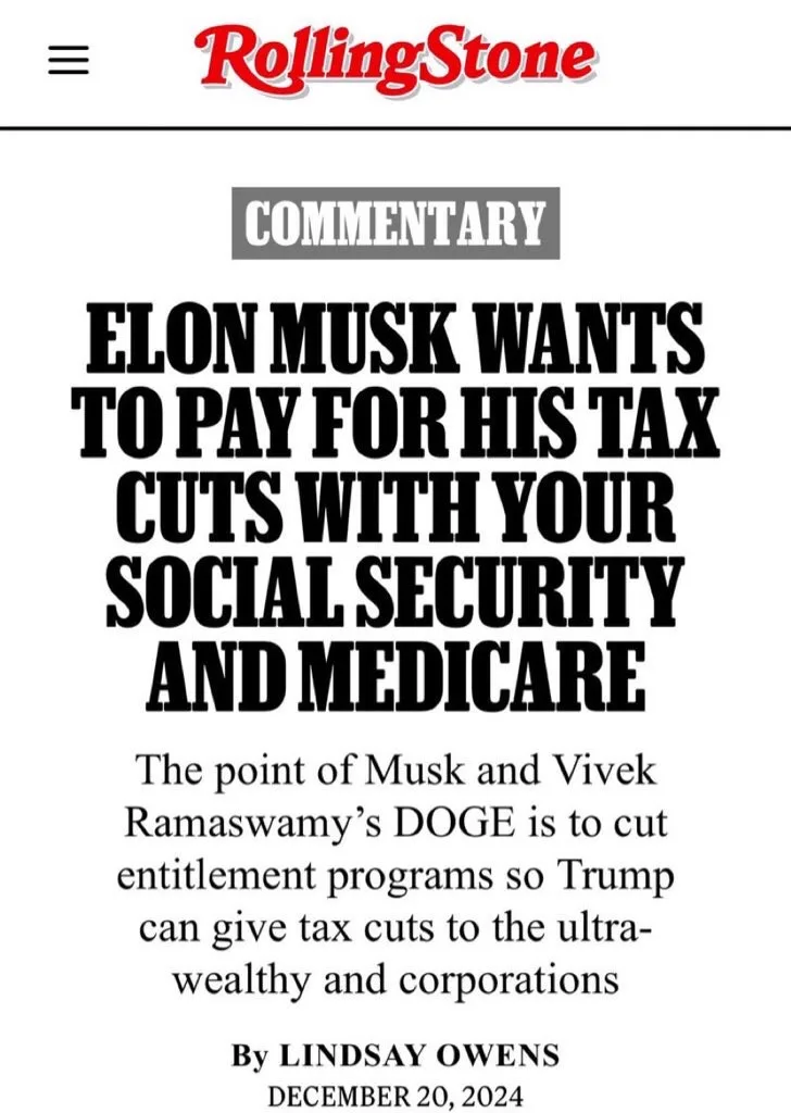 The image displays a mock Rolling Stone magazine article header with the headline 'ELON MUSK WANTS TO PAY FOR HIS TAX CUTS…