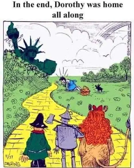 A cartoon depicts Dorothy and her companions — the Scarecrow, Tin Man, and Lion — walking away from the viewer down the…