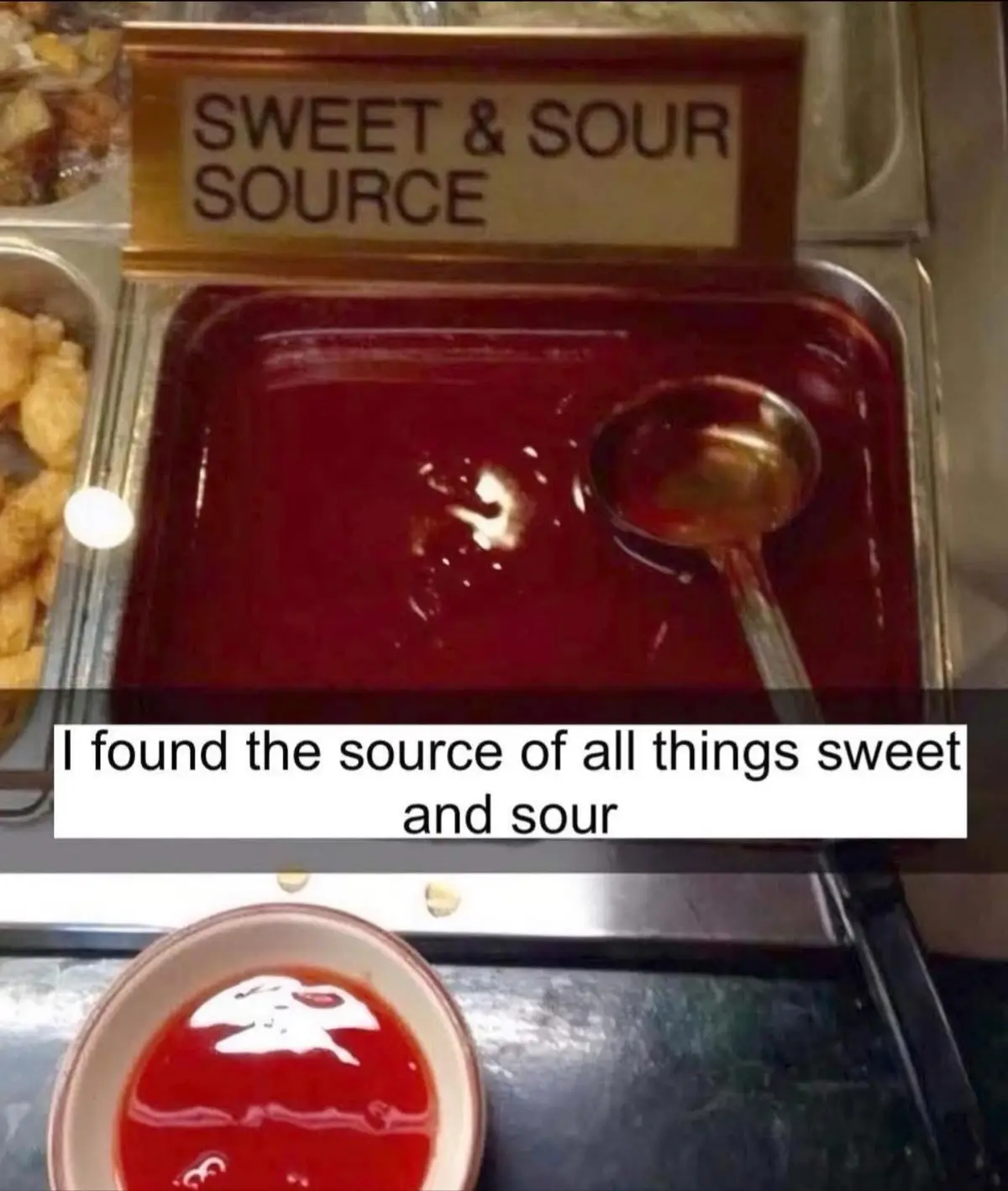 A close-up photo shows a large metal tray filled with red sweet and sour sauce, labeled 'SWEET & SOUR SOURCE' above it, with…