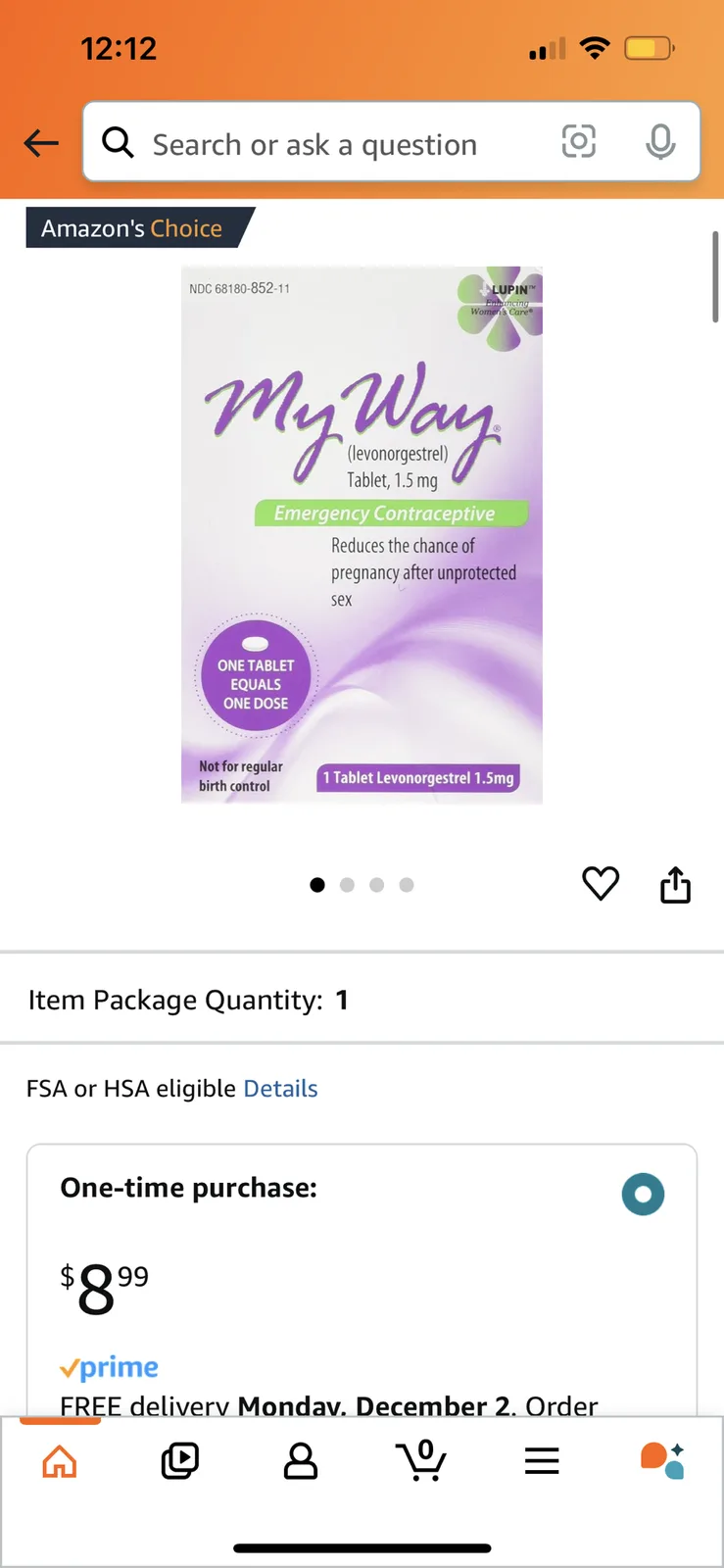 An Amazon product page for 'My Way' emergency contraceptive pills, showing the packaging, price ($8.99), and 'Amazon's…